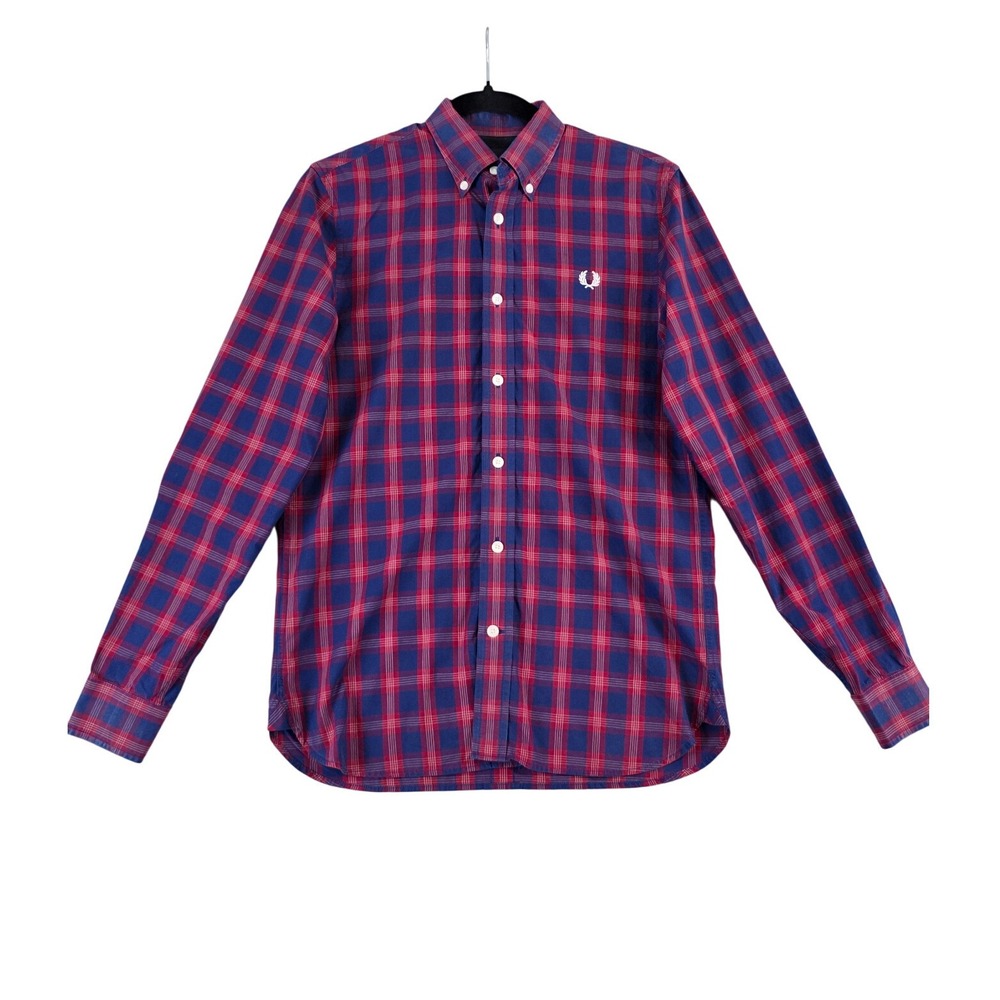 Fred Perry Mens Small Plaid Button Down Shirt Navy Red Long Sleeve 100% Cotton